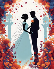 Vorlage Motiv Hintergrund für Hochzeit Einladung Karten Dankeskarte Hochzeitspaar als Silhouette mit Blüten und Blumen sinnlich verliebt sich gegenüber stehend anschauend in Liebe und Zuneigung - obrazy, fototapety, plakaty