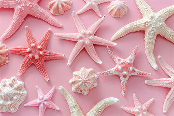 Exotic sea shells and starfish on a pink background. Summer time concept. Flat lay, top view
