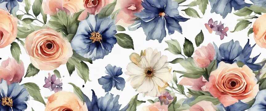 A colorful floral pattern with a blue and white flower in the middle. The flowers are arranged in a way that creates a sense of movement and flow. Scene is cheerful and uplifting, as the bright colors