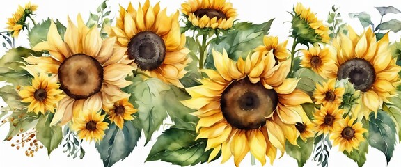 A painting of a bouquet of sunflowers with a white background. The sunflowers are in various sizes and are arranged in a way that creates a sense of depth and movement - obrazy, fototapety, plakaty