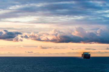 MSC Container Ship on sea at sunrise, Barcelona, Spain, Europe - 781243180