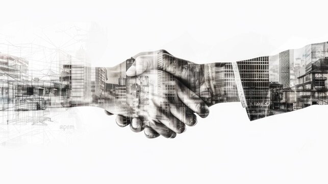 closeup business handshake double exposure, left hand shop or modern building and right hand computer dashboard isolate on white background 