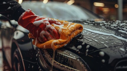Hand Washing a Black Car with Soapy Sponge - obrazy, fototapety, plakaty