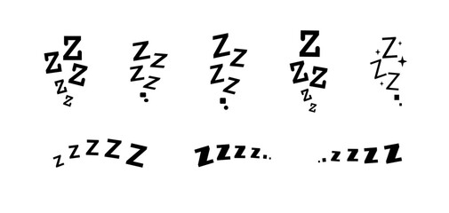 Zzz bed sleep snore icons snooze nap Z sound . Sleepy yawn or insomnia sleeper alarm clock Zzz line icons of goodnight deep sleep, bored or tired - obrazy, fototapety, plakaty
