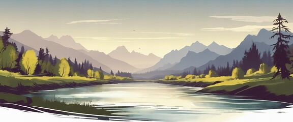 A beautiful mountain landscape with a river running through it. The sky is clear and the sun is shining, creating a peaceful and serene atmosphere - obrazy, fototapety, plakaty