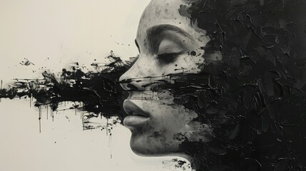 An artistic representation of a woman's profile using black and white line art, creating a flowing,...
