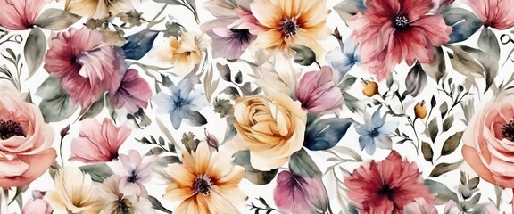 A colorful floral pattern with a white background. The flowers are in various shades of pink, yellow, and blue. Scene is cheerful and vibrant - obrazy, fototapety, plakaty