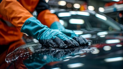 Professional Car Detailing with Foam and Gloves