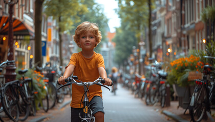 Boy driving a bicycle in summer day in the town street. Concept of child carelessness and joy. World Bicycle Day. 