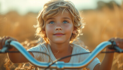 Portrait of boy driving a bicycle in summer day in the field. Concept of child carelessness and joy. World Bicycle Day