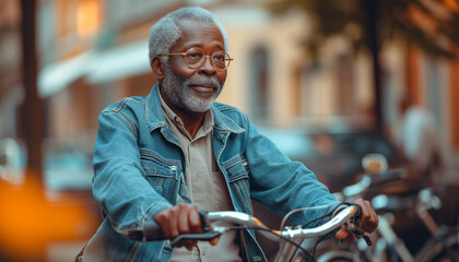 Black american african old man driving a bicycle in summer day in the town street. Concept of healthy life and joy. World Bicycle Day