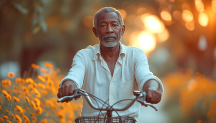 Black american african old man driving a bicycle in summer day in the forest field in sunset rays. Concept of healthy life and joy. World Bicycle Day
