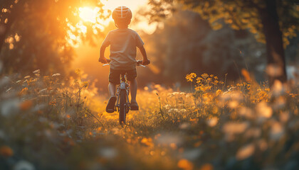 Boy driving a bicycle in summer in sunset rays in the forest field. Concept of child carelessness and joy. World Bicycle Day. Back view