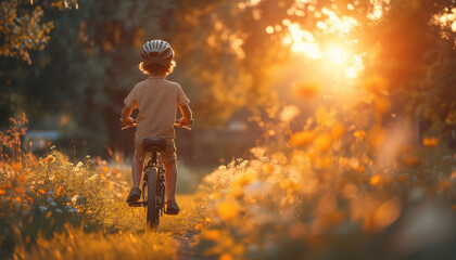 Boy driving a bicycle in summer in sunset rays in the forest field. Concept of child carelessness and joy. World Bicycle Day. Back view
