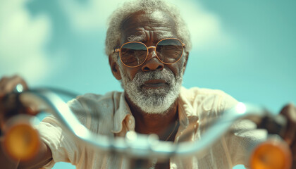 Portrait of glack american african old man in sunglasses driving a bicycle in summer day, blue sky on the background. Concept of healthy life and joy. World Bicycle Day