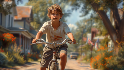 Boy driving a bicycle in summer day in the village street. Concept of child carelessness and joy. World Bicycle Day