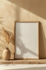 Minimalist beige room with and empty wooden poster frame mockup