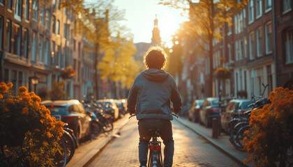 Boy driving a bicycle in summer day in the town street. Concept of child carelessness and joy. World Bicycle Day. Back view