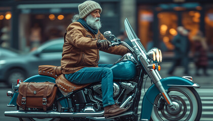 World Motorcycle Day. Eldery man in sunglasses with beard driving transport against a background of city street.