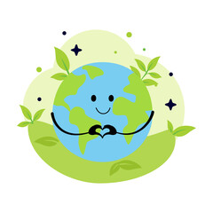 Cute smiling earth planet with heart isolated on white background. Earth day, world environment day concept design. Vector cartoon character illustration.
