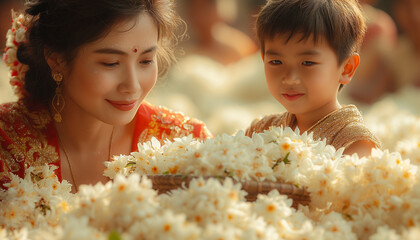 Mother's Day in Thailand.Thai boy present White Jasmine To His mother