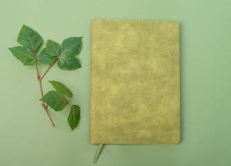 Book cover or notebook mock up with leaves on green background.