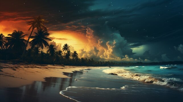 Vintage fantasy tropical beach under starlit skies with full moon in retro style
