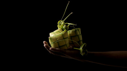 Fototapeta na wymiar Hand presenting a ketupat pouch, a traditional Indonesian dish, woven from young coconut leaves (janur) on black background