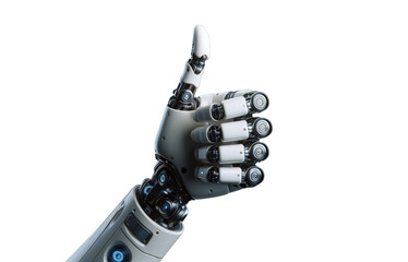 Robot thumb up.  Robot hand thumbs up. Robotic hand thumbs up. White robotic thumb up transparent background.