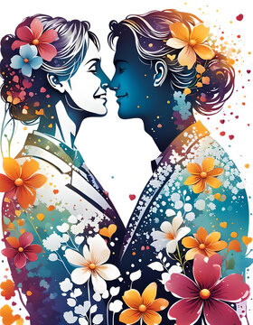 Vorlage Motiv Hintergrund f&uuml;r Hochzeit Einladung Karten Dankeskarte gleichgeschlechtlich lesbisch Hochzeitspaar als Silhouette mit Bl&uuml;ten und Blumen sinnlich verliebt 2 Frauen in Liebe und Zuneigung