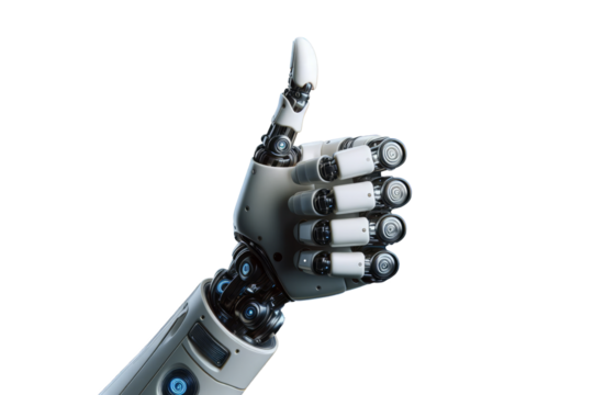 Robot thumb up.  Robot hand thumbs up. Robotic hand thumbs up. White robotic thumb up transparent background.