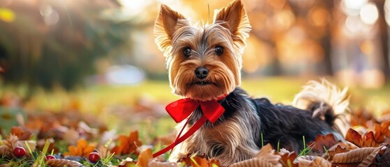 Dog Yorkshire Terrier with red ribbon is playing in the garden