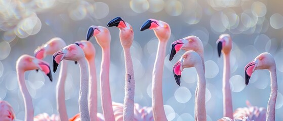 Flock of flamingos with pink plumage and long beak looking up while standing against blurred...