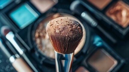 Intimate close-up of a powder brush against skin, with the elegance of lipstick application in soft lighting - obrazy, fototapety, plakaty