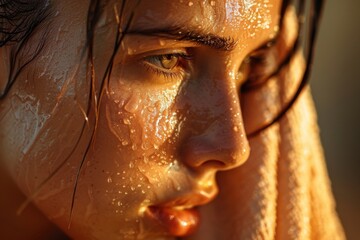 AI-generated illustration of a woman with wet skin glistening in the sun