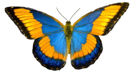 The Majesty of Nature: A Blue and Yellow Butterfly Alighting on a Blue Flower. Generative AI