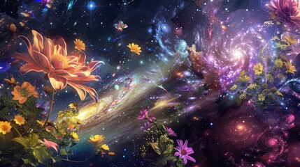 Fototapeta na wymiar A breathtaking view of a cosmic garden, with vibrant flowers blooming amidst swirling galaxies and radiant star clusters, creating an ethereal oasis in the depths of space.