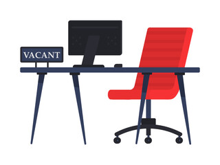 Empty office chair with vacant sign. Employment, vacancy and hiring job concept. Vacant workplace for employee. The concept of hiring and recruiting a business, search employee.
