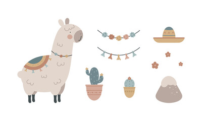 Naklejka premium Set with cute lama. Lama, garland, cactus, sombrero, flower, mountain. For for kids design, fabric, wrapping, cards, textile, wallpaper, apparel. Isolated vector on white background.