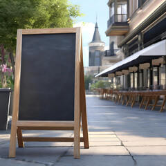 blank chalkboard stand mockup, empty restaurant wooden blackboard, store outdoor menu a frame board sign on sunny street with copy space