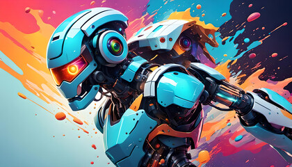 humanoider Roboter in hell blau läuft dynamisch aktiv vor einem Hintergrund aus bunten Farben Spritzern, selbständig moderne Technik und Entwicklung, künstliche Intelligenz, Japan