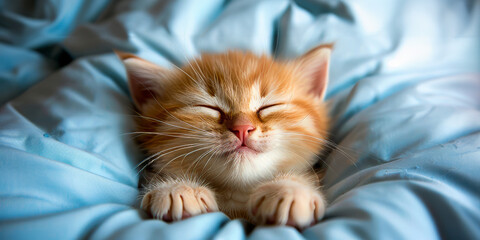 An adorable, cute ginger kitten naps in cozy comfort, its fluffy fur a soft contrast to the light blue bedding, embodying peaceful rest.