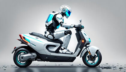 lustiger humanoider Roboter in weiß sitzt auf einem modernen Motor Roller und fährt selbständig, moderne Technik und Entwicklung vor einem Hintergrund in weißer Farbe Cyborg Robotik - obrazy, fototapety, plakaty