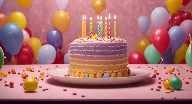 Birthday cake with candles and balloons.