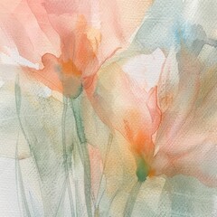 Morning light caresses handdrawn watercolor flowers in pastels, closeup with a dreamy softness