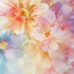 Handdrawn watercolor showcasing a random flowers beauty in closeup, with a palette of soft pastels