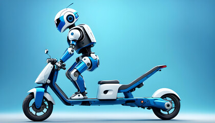 lustiger humanoider Roboter in weiß blau steht auf einem modernen Motor Roller und fährt selbständig, moderne Technik und Entwicklung vor einem Hintergrund in blauer Farbe 