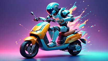 lustiger humanoider Roboter in hell blau sitzt auf einem modernen Motor Roller scooter und fährt selbständig, moderne Technik und Entwicklung vor einem Hintergrund in lila mit bunter Farbe