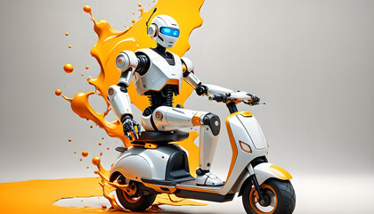 lustiger humanoider Roboter in weiß sitzt auf einem modernen Motor Roller und fährt selbständig, moderne Technik und Entwicklung vor einem Hintergrund in weiß mit gelber Farbe  - obrazy, fototapety, plakaty