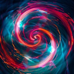 Vibrant neon digital swirl in teal  red, energetic abstract flow